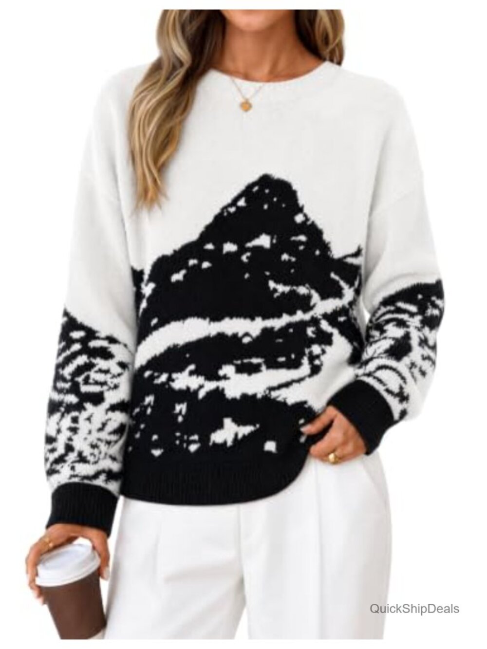 Cozy Crewneck Pullover Sweater with Mountain Graphic, Loose Fit Long Sleeve